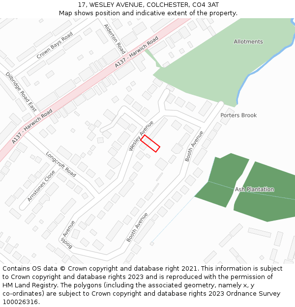 17, WESLEY AVENUE, COLCHESTER, CO4 3AT: Location map and indicative extent of plot
