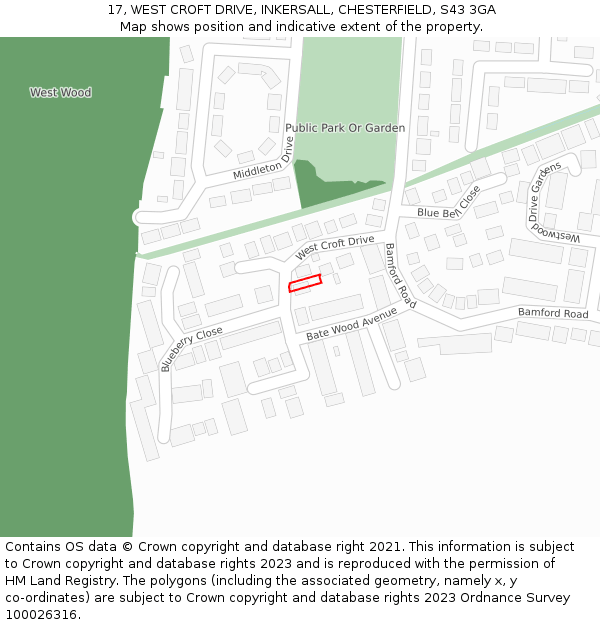 17, WEST CROFT DRIVE, INKERSALL, CHESTERFIELD, S43 3GA: Location map and indicative extent of plot