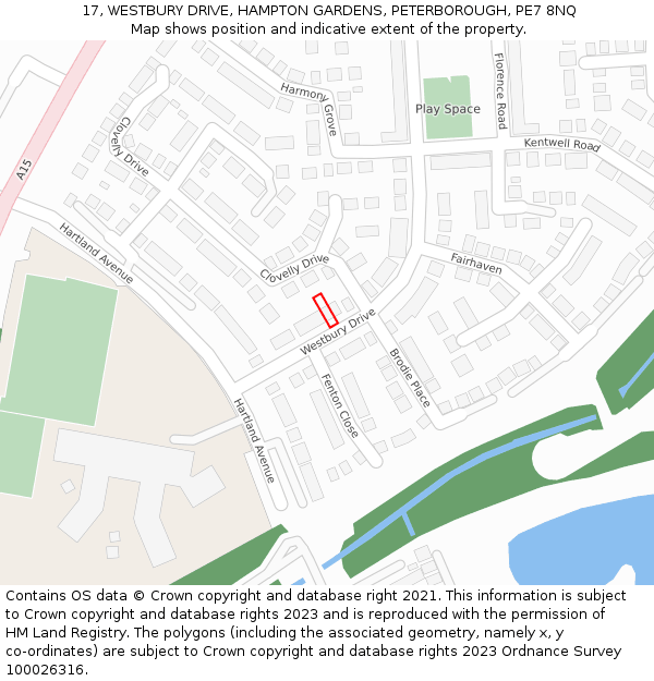 17, WESTBURY DRIVE, HAMPTON GARDENS, PETERBOROUGH, PE7 8NQ: Location map and indicative extent of plot