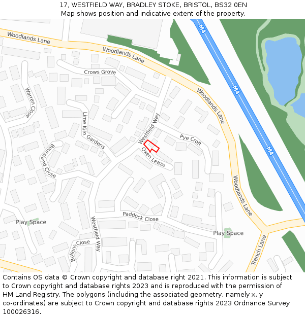 17, WESTFIELD WAY, BRADLEY STOKE, BRISTOL, BS32 0EN: Location map and indicative extent of plot