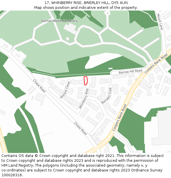 17, WHINBERRY RISE, BRIERLEY HILL, DY5 4UN: Location map and indicative extent of plot