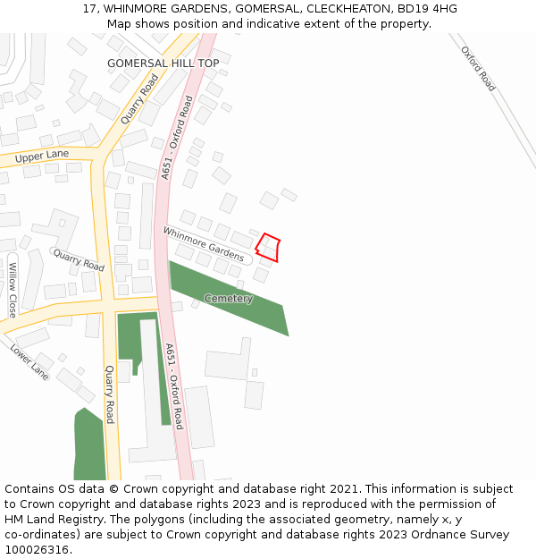 17, WHINMORE GARDENS, GOMERSAL, CLECKHEATON, BD19 4HG: Location map and indicative extent of plot