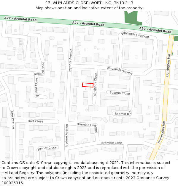 17, WHYLANDS CLOSE, WORTHING, BN13 3HB: Location map and indicative extent of plot