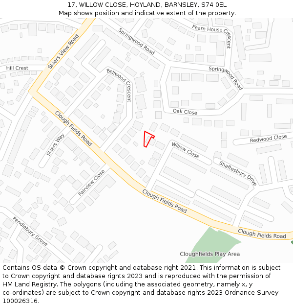 17, WILLOW CLOSE, HOYLAND, BARNSLEY, S74 0EL: Location map and indicative extent of plot