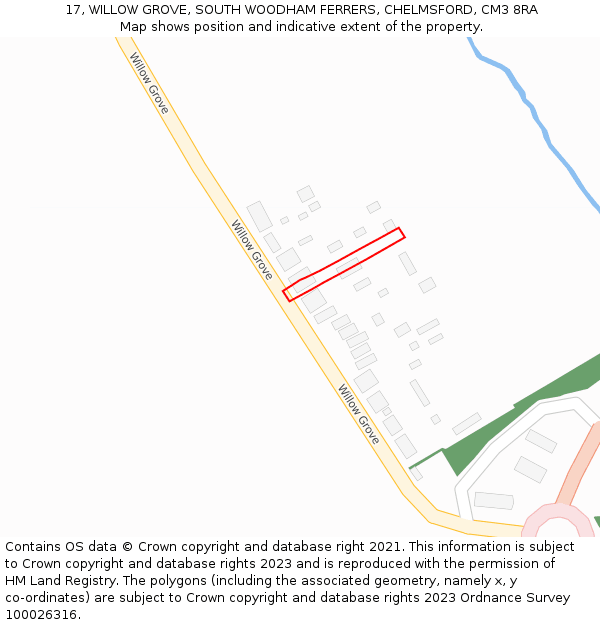 17, WILLOW GROVE, SOUTH WOODHAM FERRERS, CHELMSFORD, CM3 8RA: Location map and indicative extent of plot