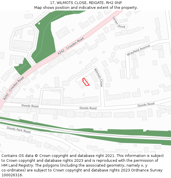 17, WILMOTS CLOSE, REIGATE, RH2 0NP: Location map and indicative extent of plot