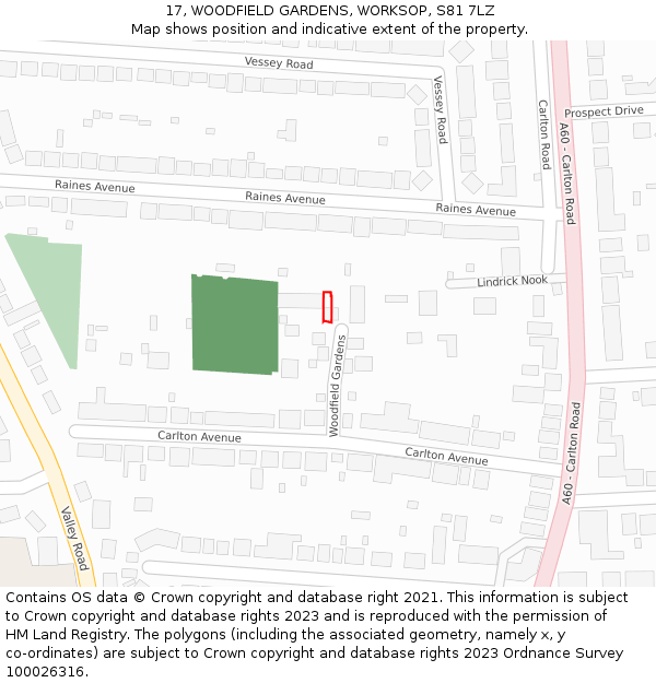 17, WOODFIELD GARDENS, WORKSOP, S81 7LZ: Location map and indicative extent of plot