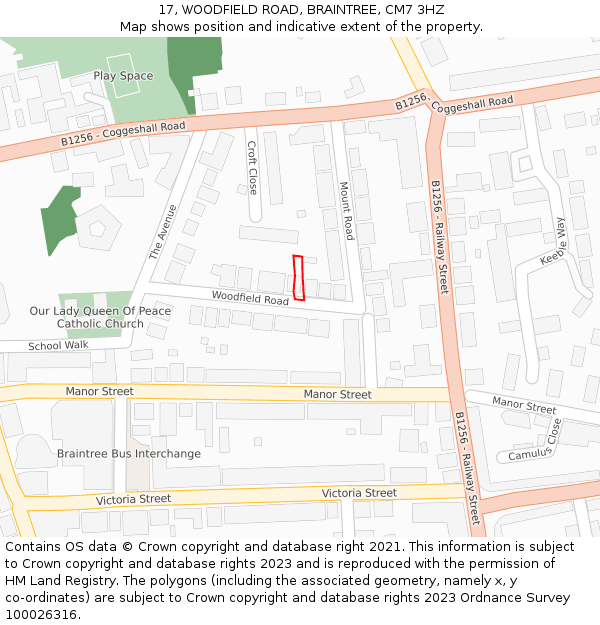 17, WOODFIELD ROAD, BRAINTREE, CM7 3HZ: Location map and indicative extent of plot