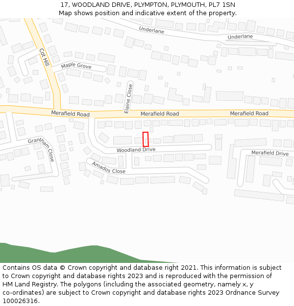 17, WOODLAND DRIVE, PLYMPTON, PLYMOUTH, PL7 1SN: Location map and indicative extent of plot