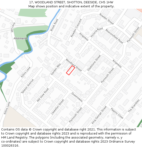 17, WOODLAND STREET, SHOTTON, DEESIDE, CH5 1HW: Location map and indicative extent of plot