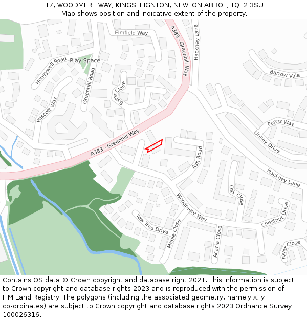 17, WOODMERE WAY, KINGSTEIGNTON, NEWTON ABBOT, TQ12 3SU: Location map and indicative extent of plot
