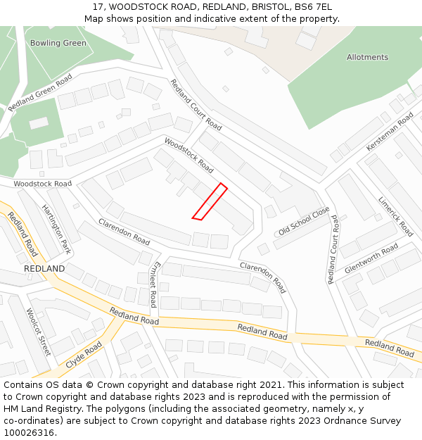17, WOODSTOCK ROAD, REDLAND, BRISTOL, BS6 7EL: Location map and indicative extent of plot