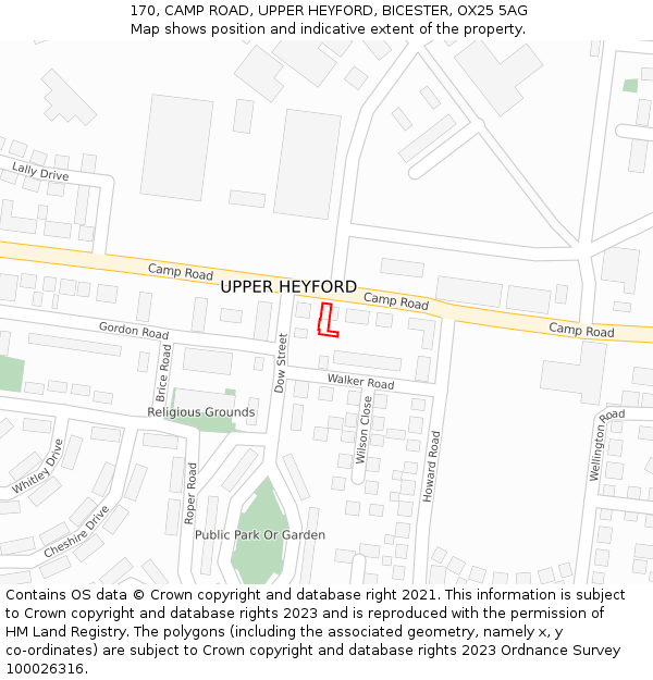 170, CAMP ROAD, UPPER HEYFORD, BICESTER, OX25 5AG: Location map and indicative extent of plot