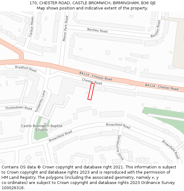 170, CHESTER ROAD, CASTLE BROMWICH, BIRMINGHAM, B36 0JE: Location map and indicative extent of plot