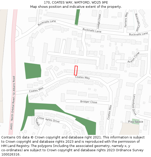 170, COATES WAY, WATFORD, WD25 9PE: Location map and indicative extent of plot