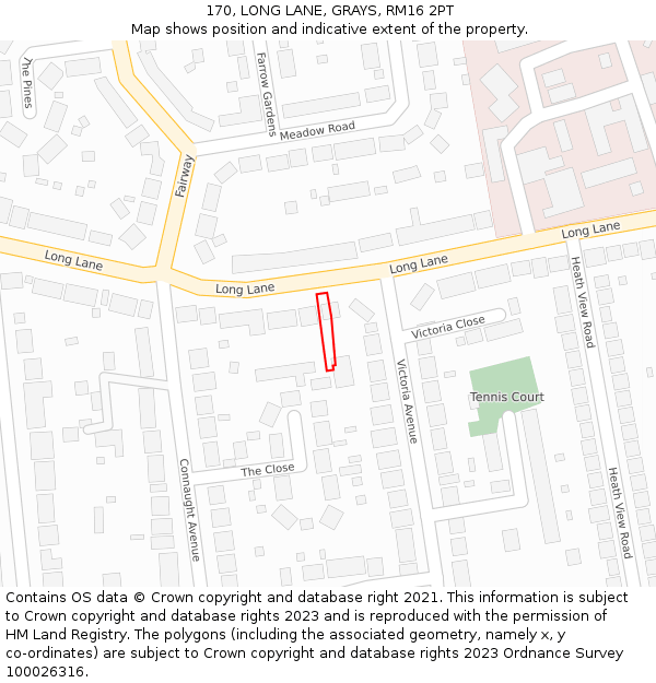 170, LONG LANE, GRAYS, RM16 2PT: Location map and indicative extent of plot