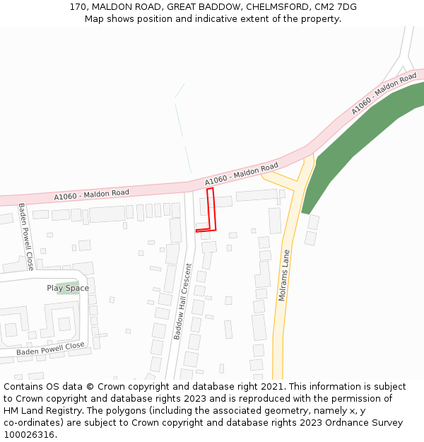 170, MALDON ROAD, GREAT BADDOW, CHELMSFORD, CM2 7DG: Location map and indicative extent of plot