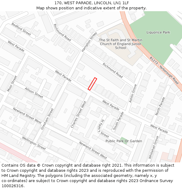 170, WEST PARADE, LINCOLN, LN1 1LF: Location map and indicative extent of plot