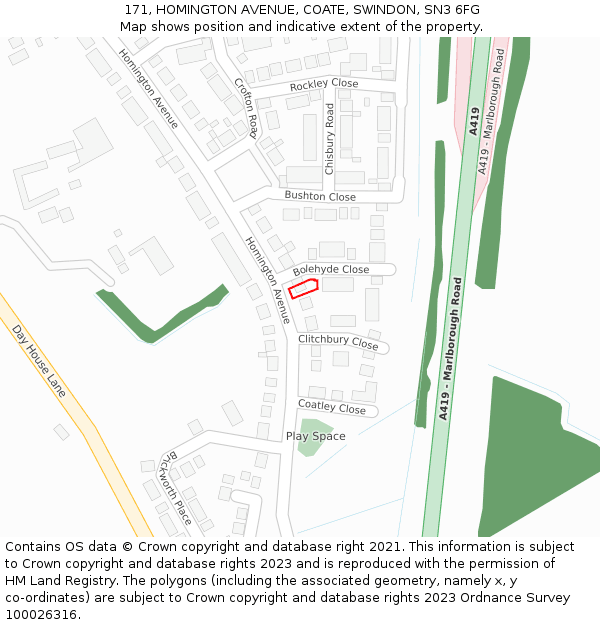 171, HOMINGTON AVENUE, COATE, SWINDON, SN3 6FG: Location map and indicative extent of plot