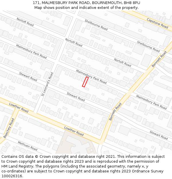 171, MALMESBURY PARK ROAD, BOURNEMOUTH, BH8 8PU: Location map and indicative extent of plot