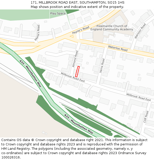 171, MILLBROOK ROAD EAST, SOUTHAMPTON, SO15 1HS: Location map and indicative extent of plot