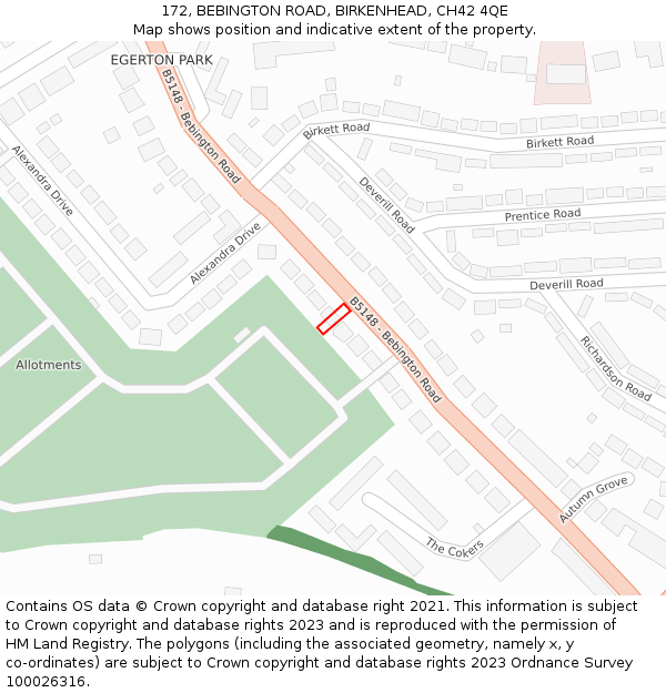 172, BEBINGTON ROAD, BIRKENHEAD, CH42 4QE: Location map and indicative extent of plot