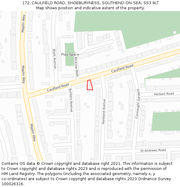 172, CAULFIELD ROAD, SHOEBURYNESS, SOUTHEND-ON-SEA, SS3 9LT: Location map and indicative extent of plot