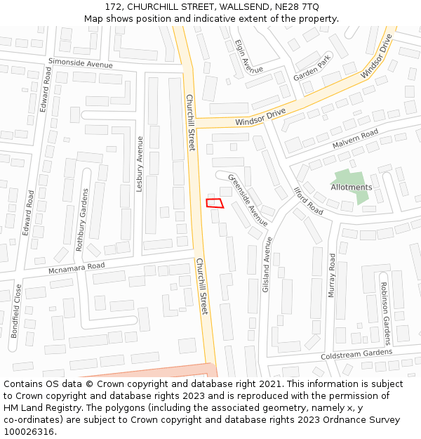 172, CHURCHILL STREET, WALLSEND, NE28 7TQ: Location map and indicative extent of plot