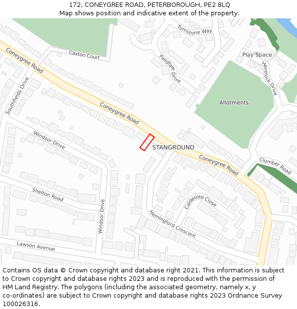 172, CONEYGREE ROAD, PETERBOROUGH, PE2 8LQ: Location map and indicative extent of plot