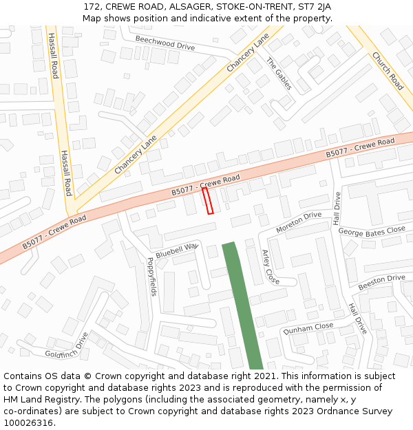172, CREWE ROAD, ALSAGER, STOKE-ON-TRENT, ST7 2JA: Location map and indicative extent of plot