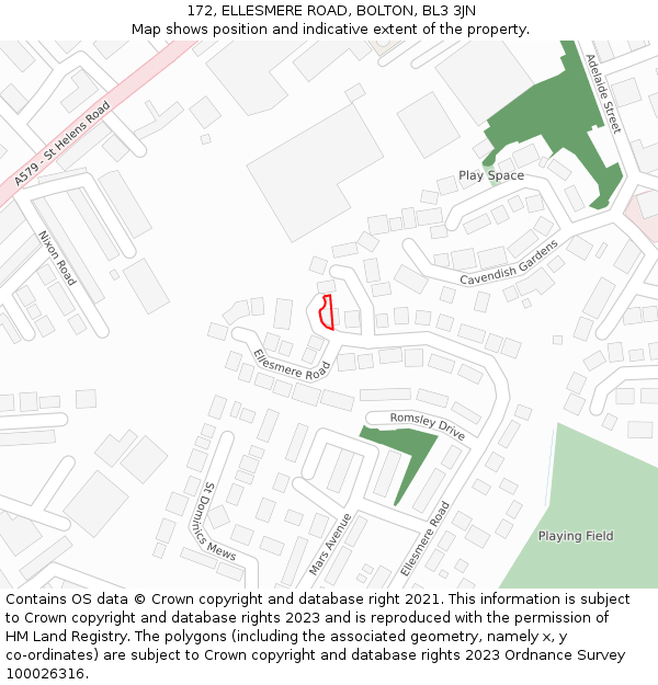 172, ELLESMERE ROAD, BOLTON, BL3 3JN: Location map and indicative extent of plot