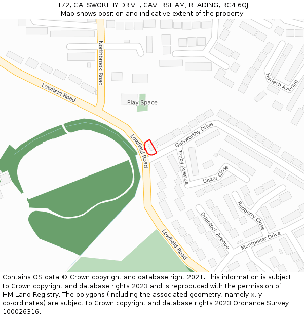 172, GALSWORTHY DRIVE, CAVERSHAM, READING, RG4 6QJ: Location map and indicative extent of plot