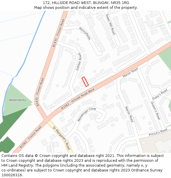 172, HILLSIDE ROAD WEST, BUNGAY, NR35 1RG: Location map and indicative extent of plot