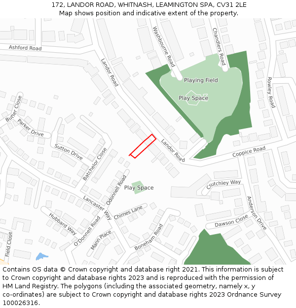 172, LANDOR ROAD, WHITNASH, LEAMINGTON SPA, CV31 2LE: Location map and indicative extent of plot