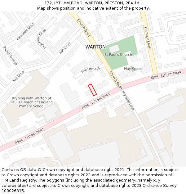 172, LYTHAM ROAD, WARTON, PRESTON, PR4 1AH: Location map and indicative extent of plot
