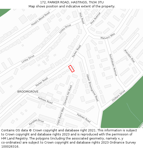 172, PARKER ROAD, HASTINGS, TN34 3TU: Location map and indicative extent of plot