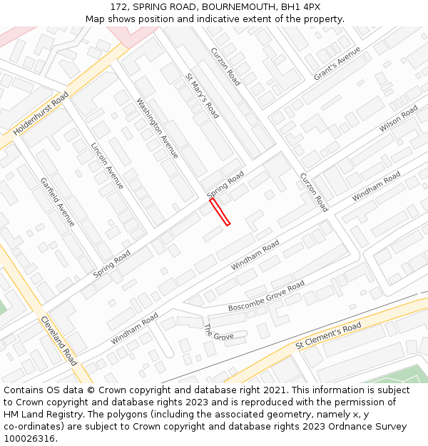 172, SPRING ROAD, BOURNEMOUTH, BH1 4PX: Location map and indicative extent of plot