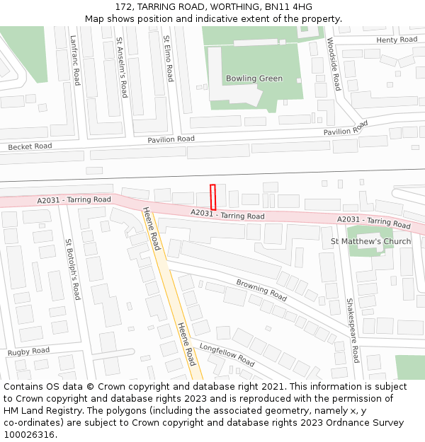 172, TARRING ROAD, WORTHING, BN11 4HG: Location map and indicative extent of plot