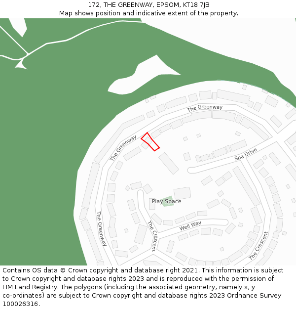 172, THE GREENWAY, EPSOM, KT18 7JB: Location map and indicative extent of plot