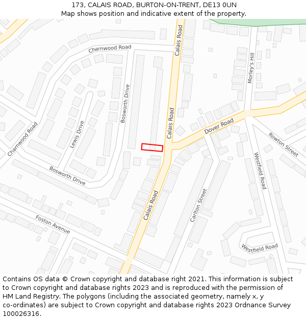 173, CALAIS ROAD, BURTON-ON-TRENT, DE13 0UN: Location map and indicative extent of plot
