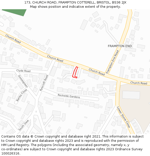 173, CHURCH ROAD, FRAMPTON COTTERELL, BRISTOL, BS36 2JX: Location map and indicative extent of plot