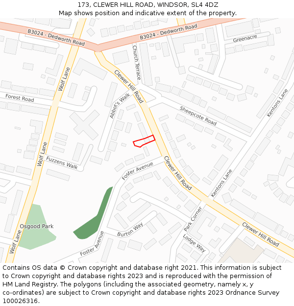 173, CLEWER HILL ROAD, WINDSOR, SL4 4DZ: Location map and indicative extent of plot