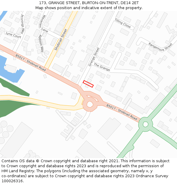 173, GRANGE STREET, BURTON-ON-TRENT, DE14 2ET: Location map and indicative extent of plot
