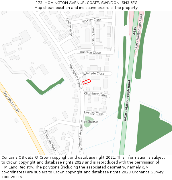 173, HOMINGTON AVENUE, COATE, SWINDON, SN3 6FG: Location map and indicative extent of plot