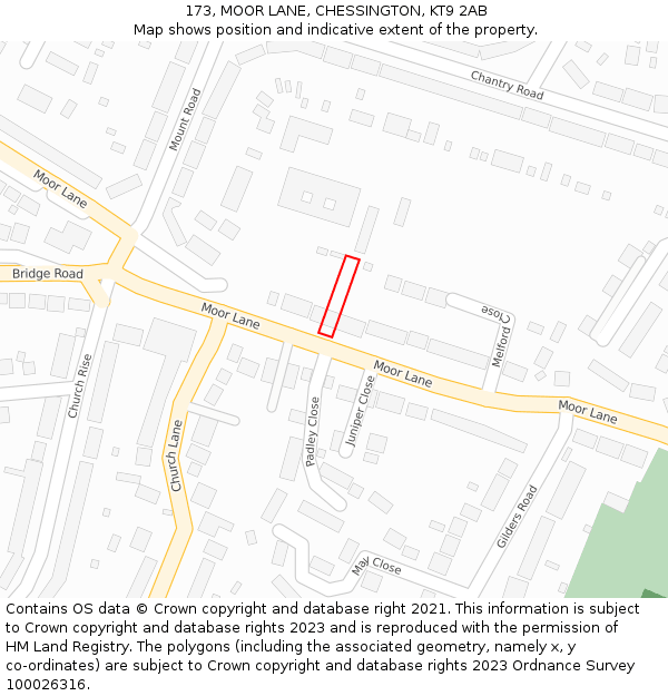 173, MOOR LANE, CHESSINGTON, KT9 2AB: Location map and indicative extent of plot