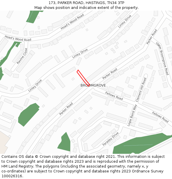 173, PARKER ROAD, HASTINGS, TN34 3TP: Location map and indicative extent of plot