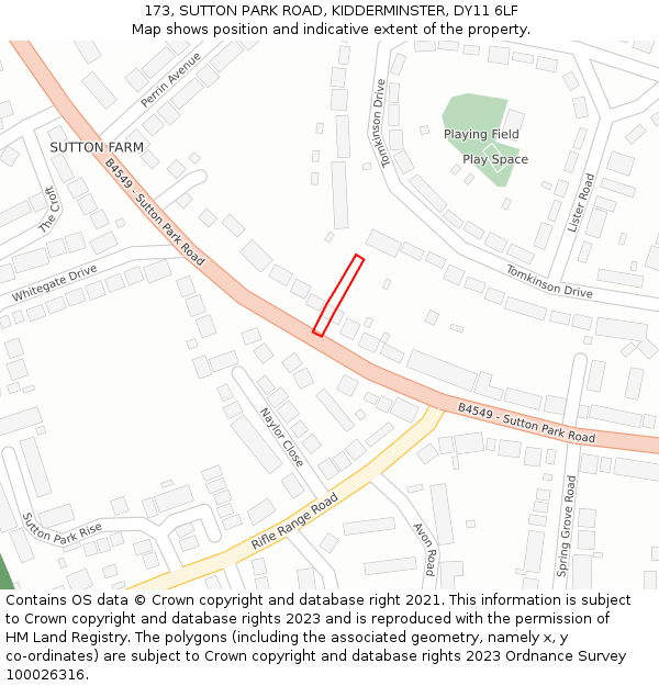 173, SUTTON PARK ROAD, KIDDERMINSTER, DY11 6LF: Location map and indicative extent of plot