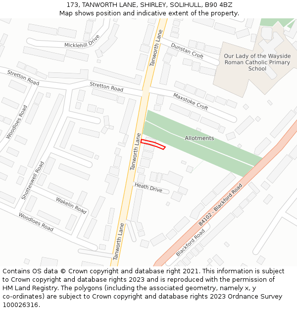 173, TANWORTH LANE, SHIRLEY, SOLIHULL, B90 4BZ: Location map and indicative extent of plot