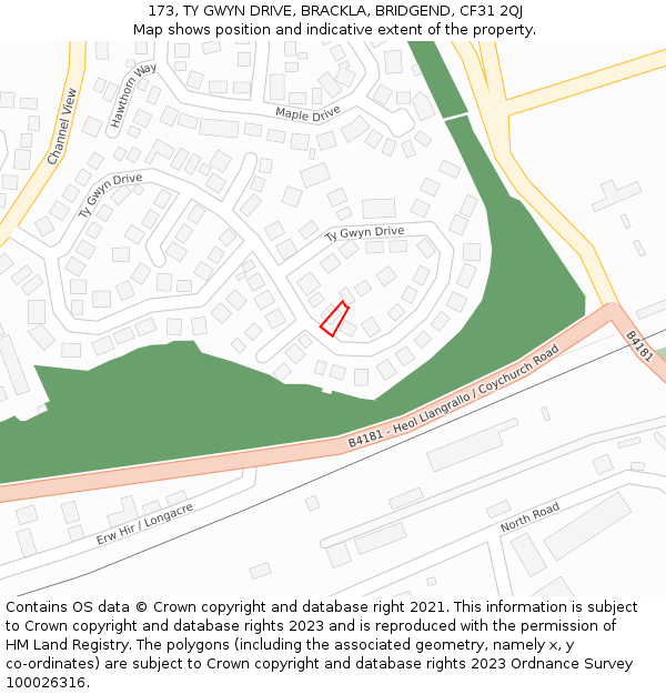 173, TY GWYN DRIVE, BRACKLA, BRIDGEND, CF31 2QJ: Location map and indicative extent of plot