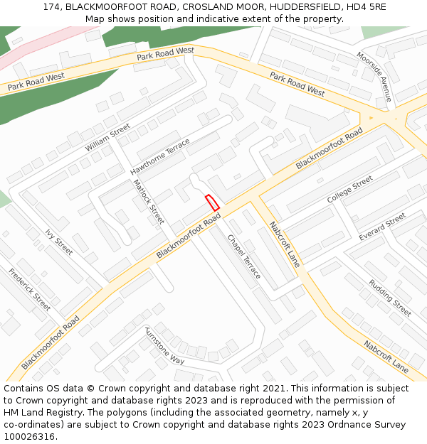 174, BLACKMOORFOOT ROAD, CROSLAND MOOR, HUDDERSFIELD, HD4 5RE: Location map and indicative extent of plot